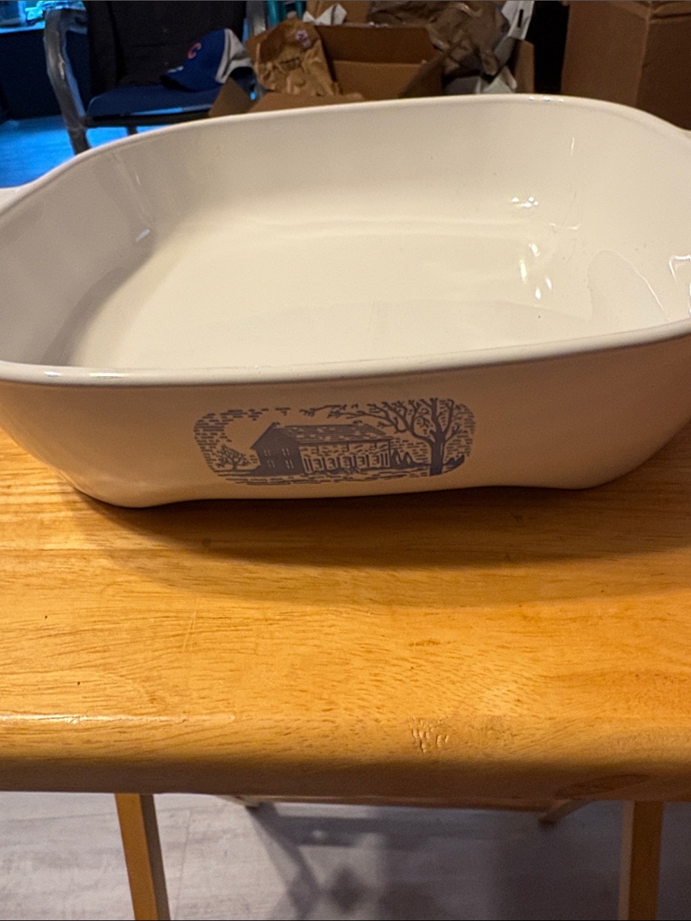 White Ceramic Baking Dish with Blue Cottage Motif